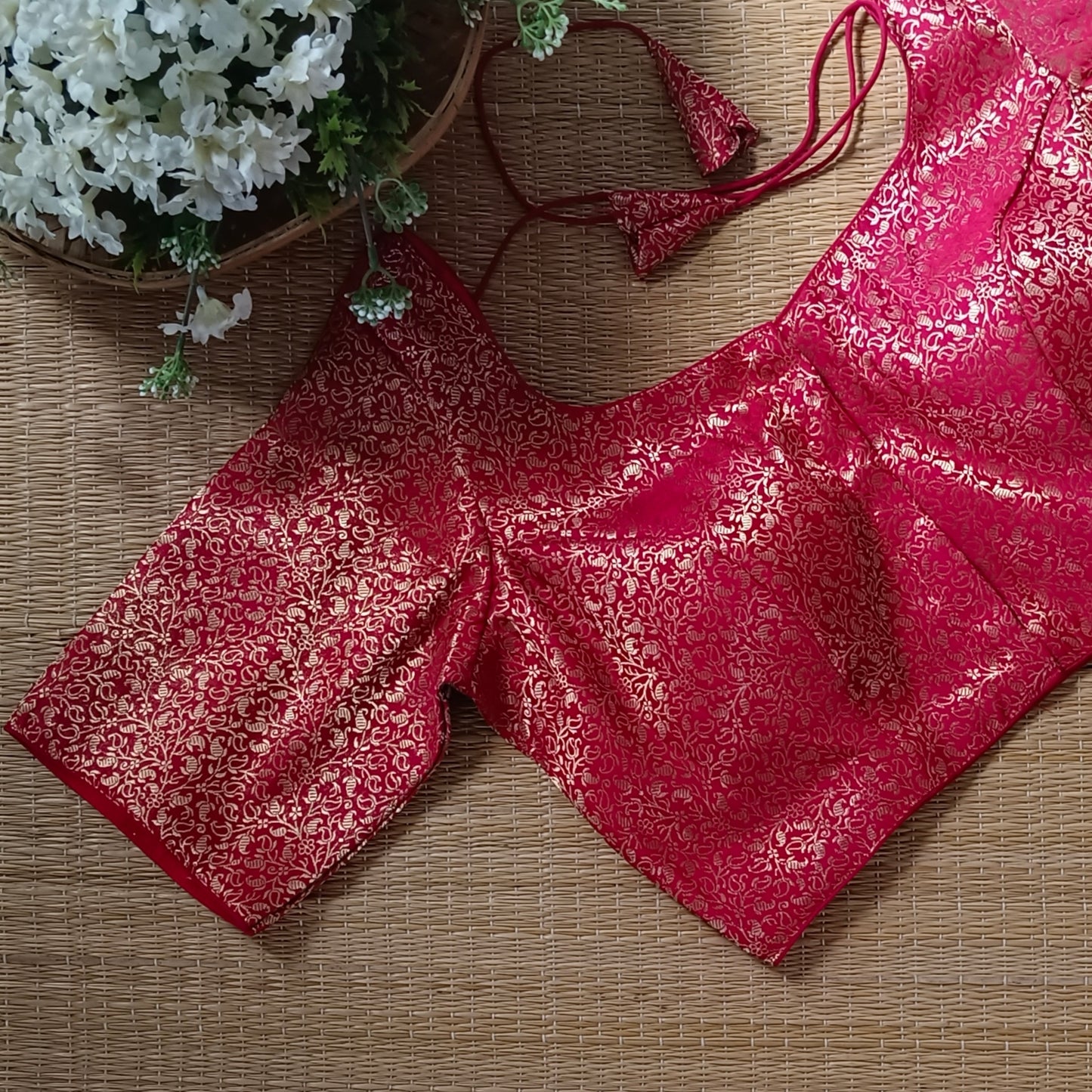 Cherry Red Sweetheart Neck Brocade Blouse