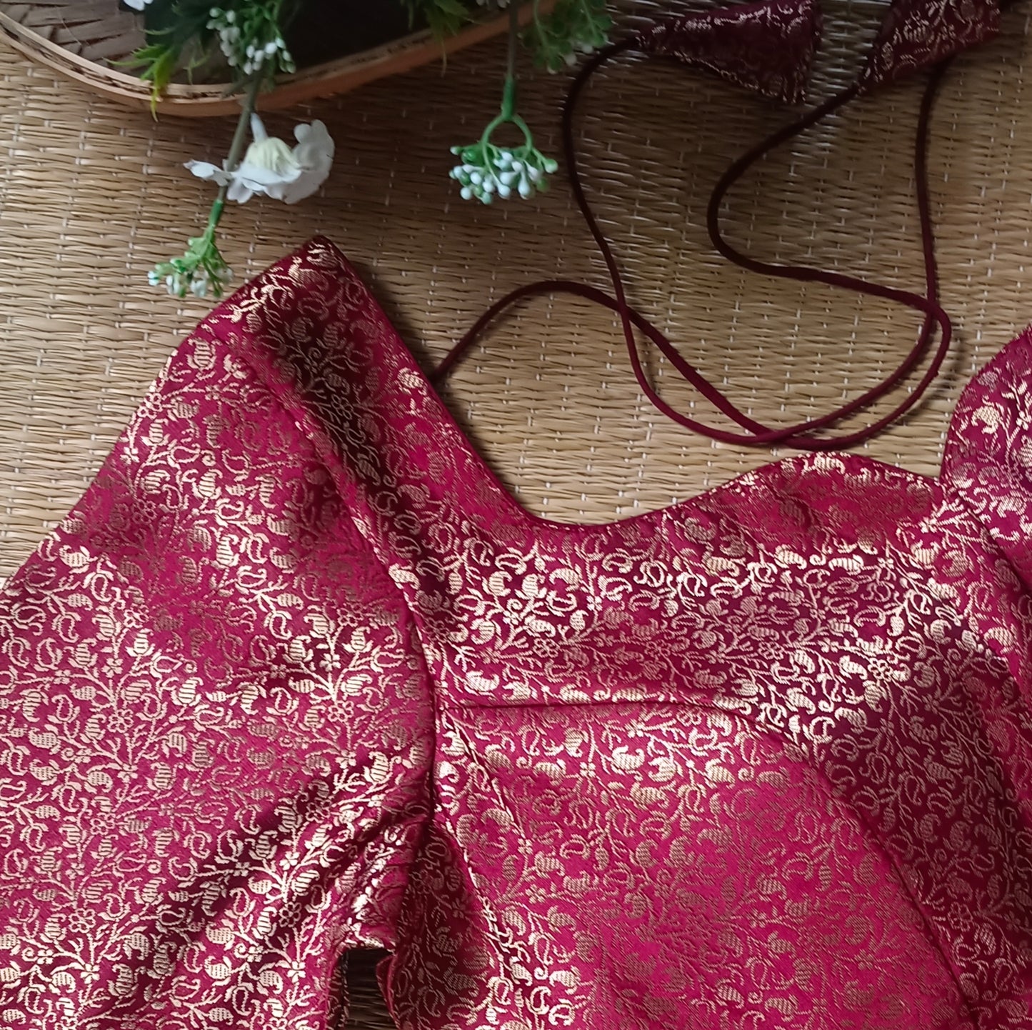 Maroon Sweetheart Neck Brocade Blouse