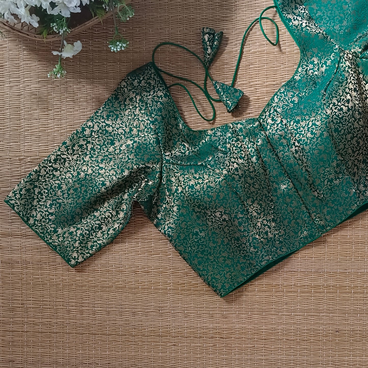 Green Sweetheart Neck Brocade Blouse