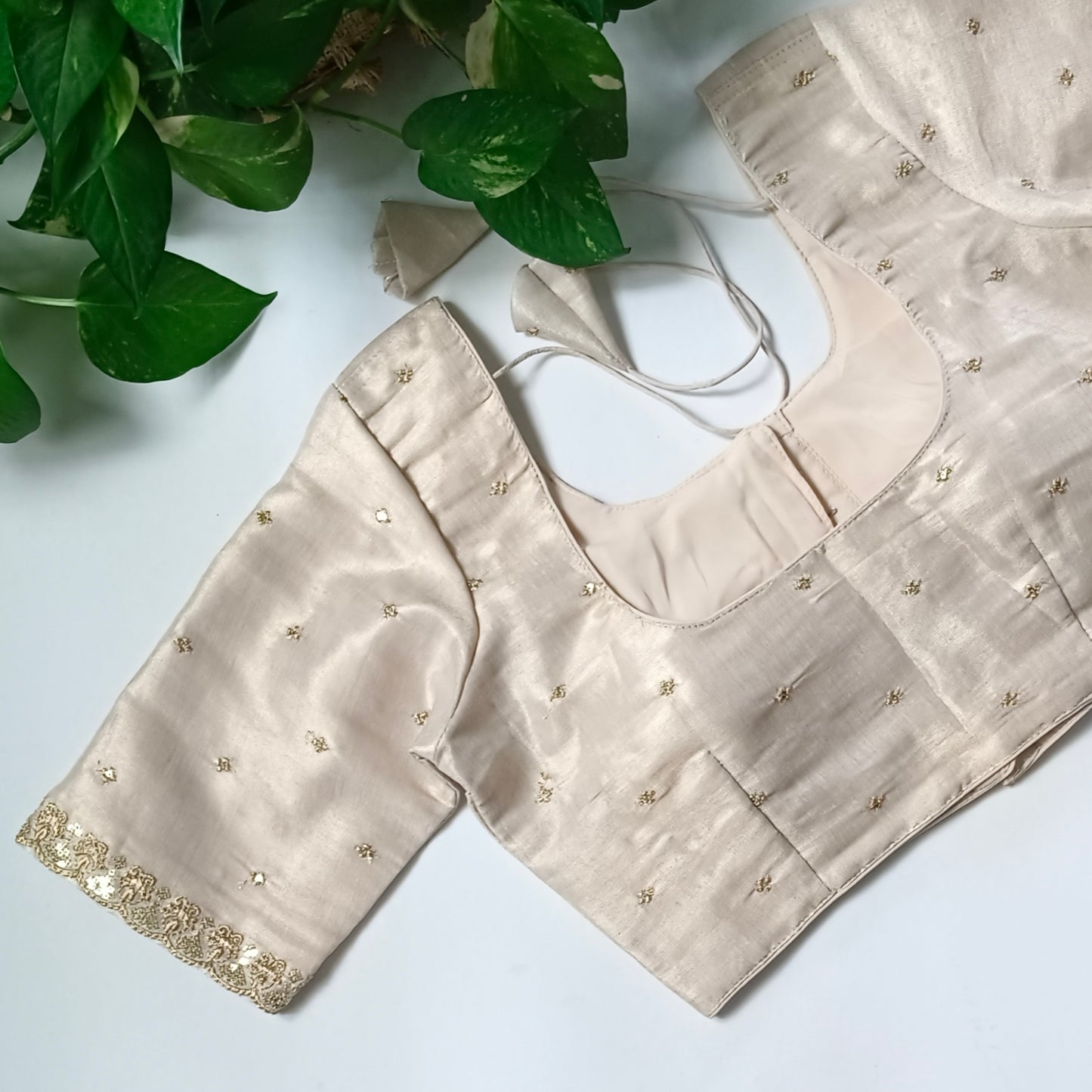 Beige metallic tissue blouse with golden embroidery