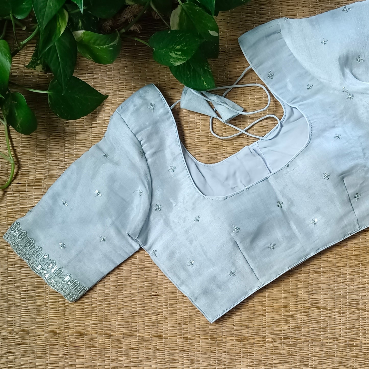 Silver metallic tissue blouse with silver embroidery