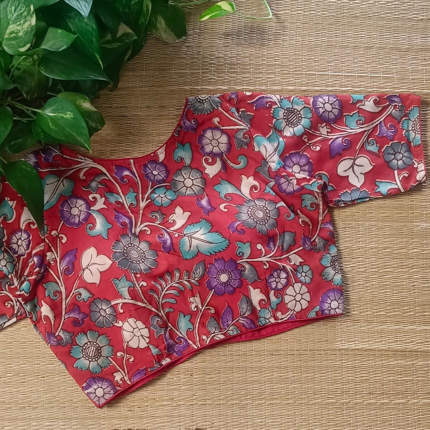 Red V Neck Kalamkari Silk Blouse