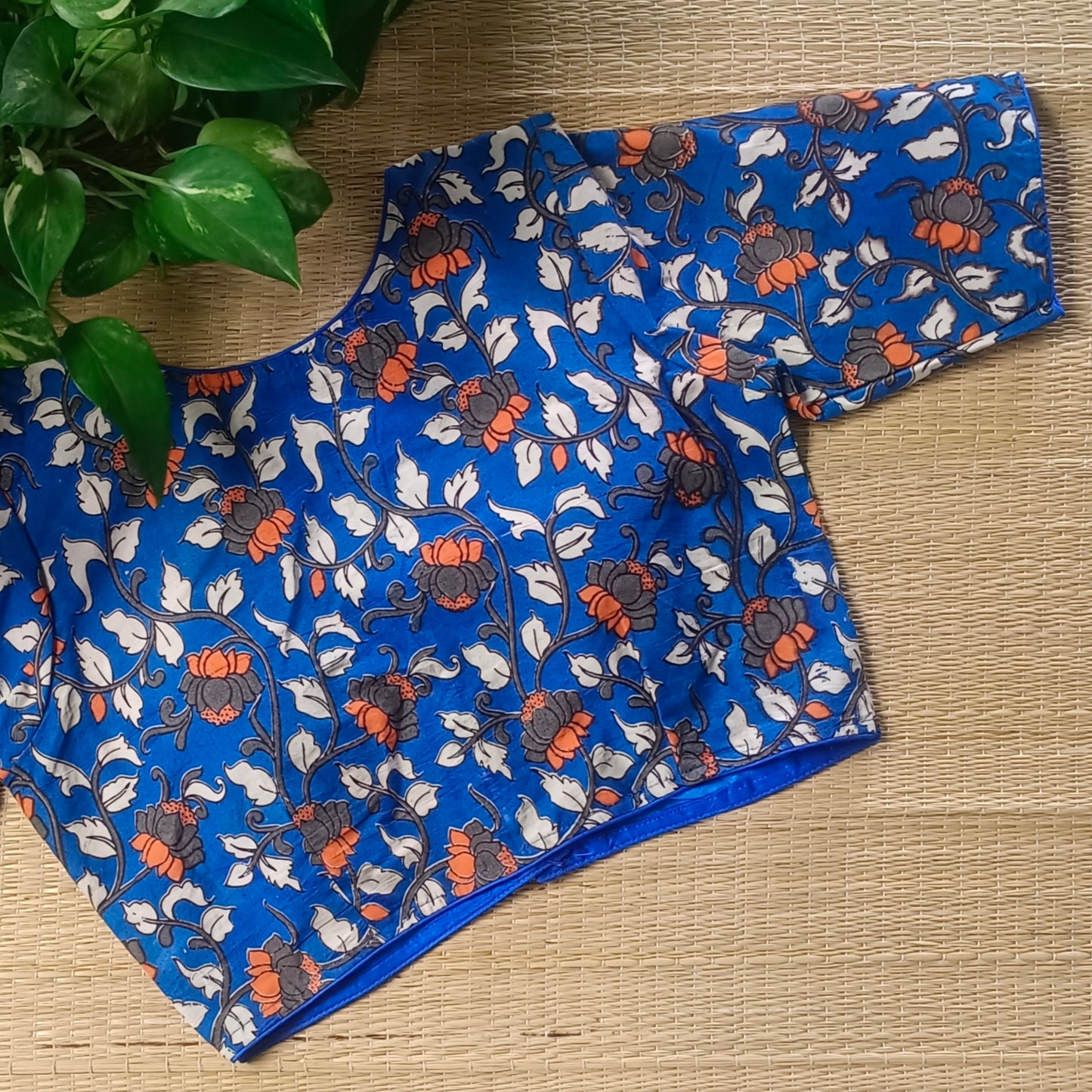 Blue V Neck Kalamkari Cotton Blouse