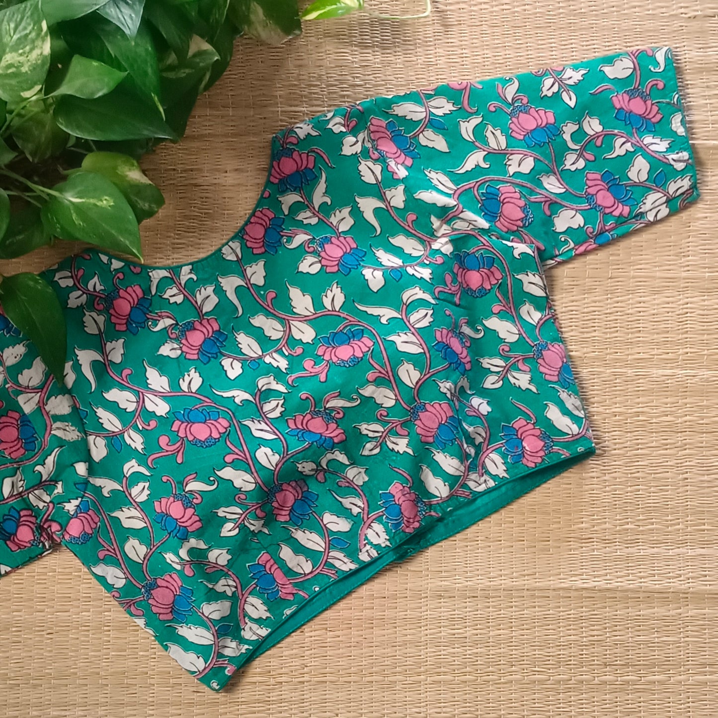 Green V Neck Kalamkari Cotton Blouse