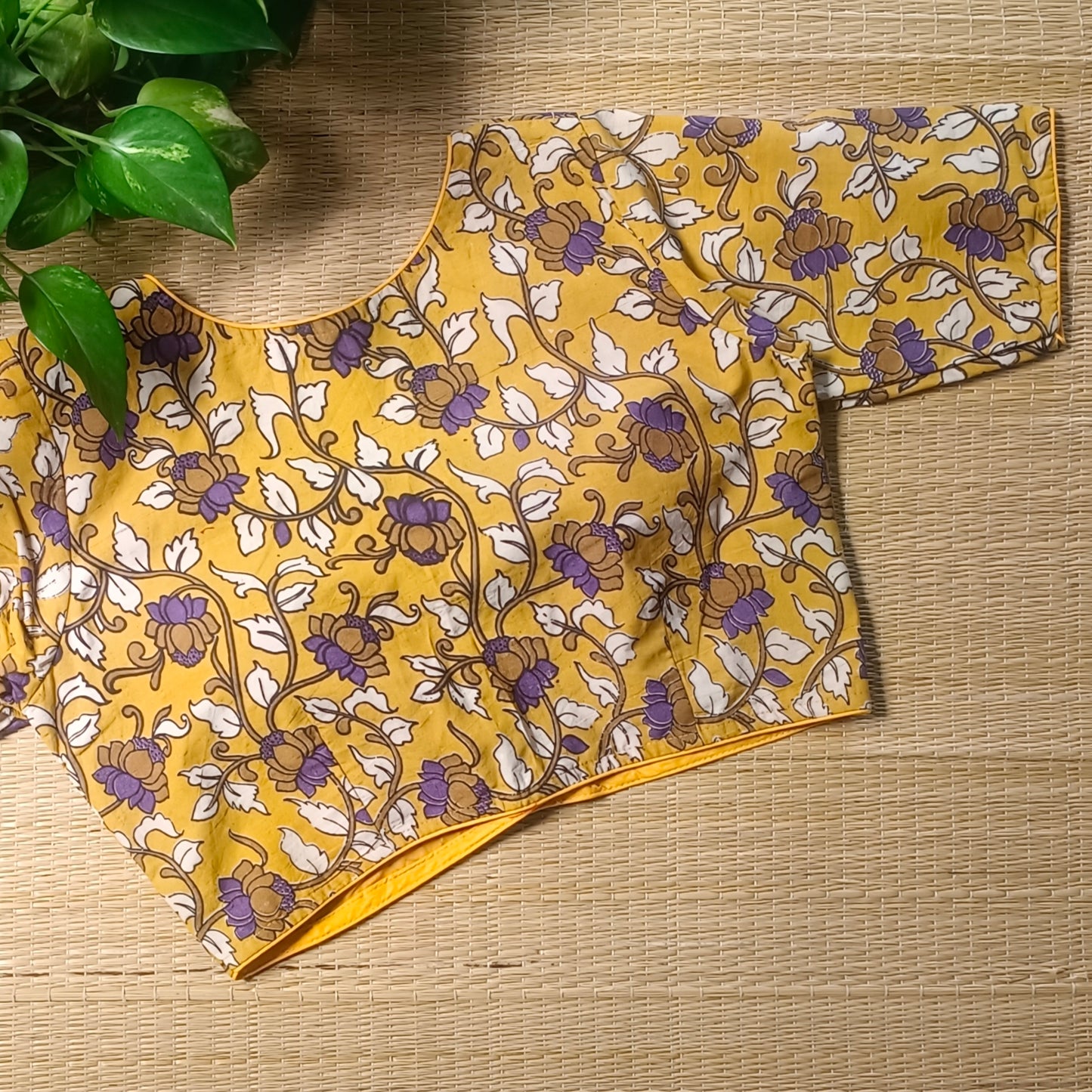 Mustard V Neck Kalamkari Cotton Blouse