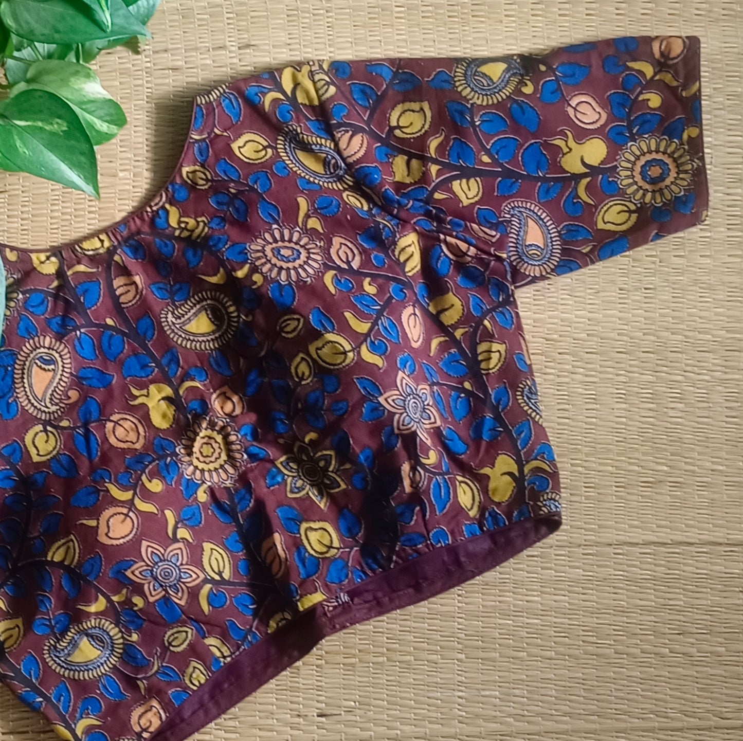 Brown V Neck Kalamkari Cotton Blouse