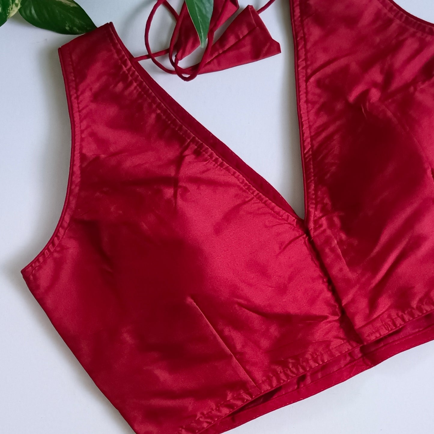 Dark Red plain V-neck sleeveless blouse