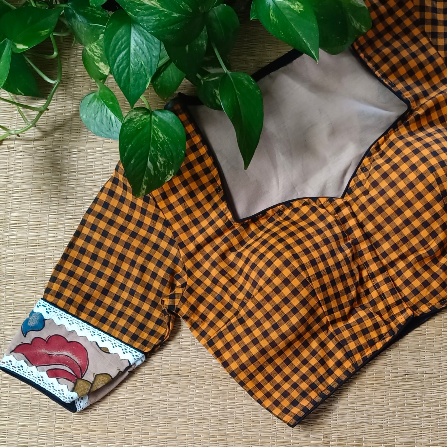 Rustic Orange & Black Kalamkari Pattern Blouse With Checks