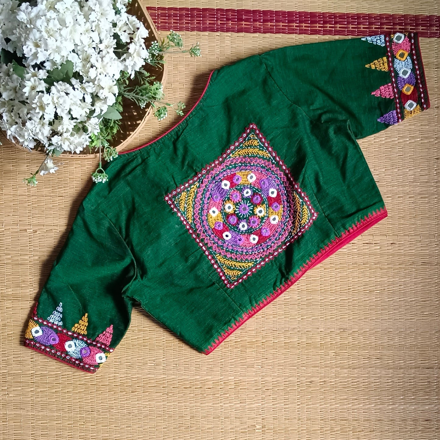 Green Gujrati Hand Embroidery Blouse