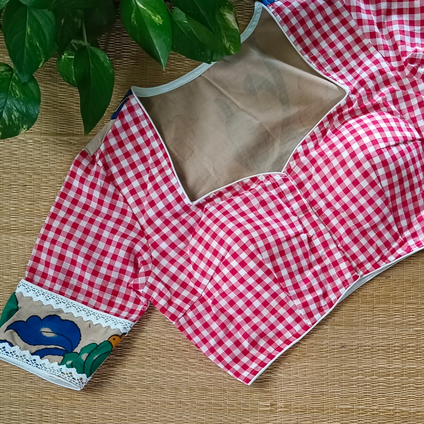 Red & White Kalamkari Pattern Blouse With Checks