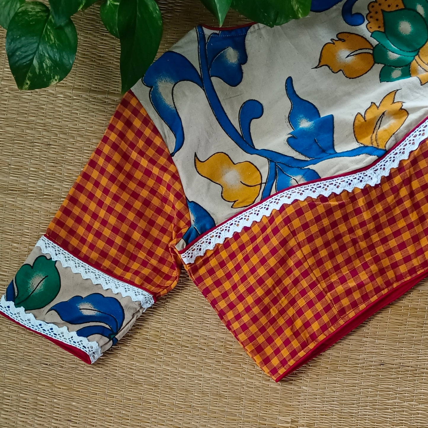 Yellow & Maroon Kalamkari Pattern Blouse With Checks