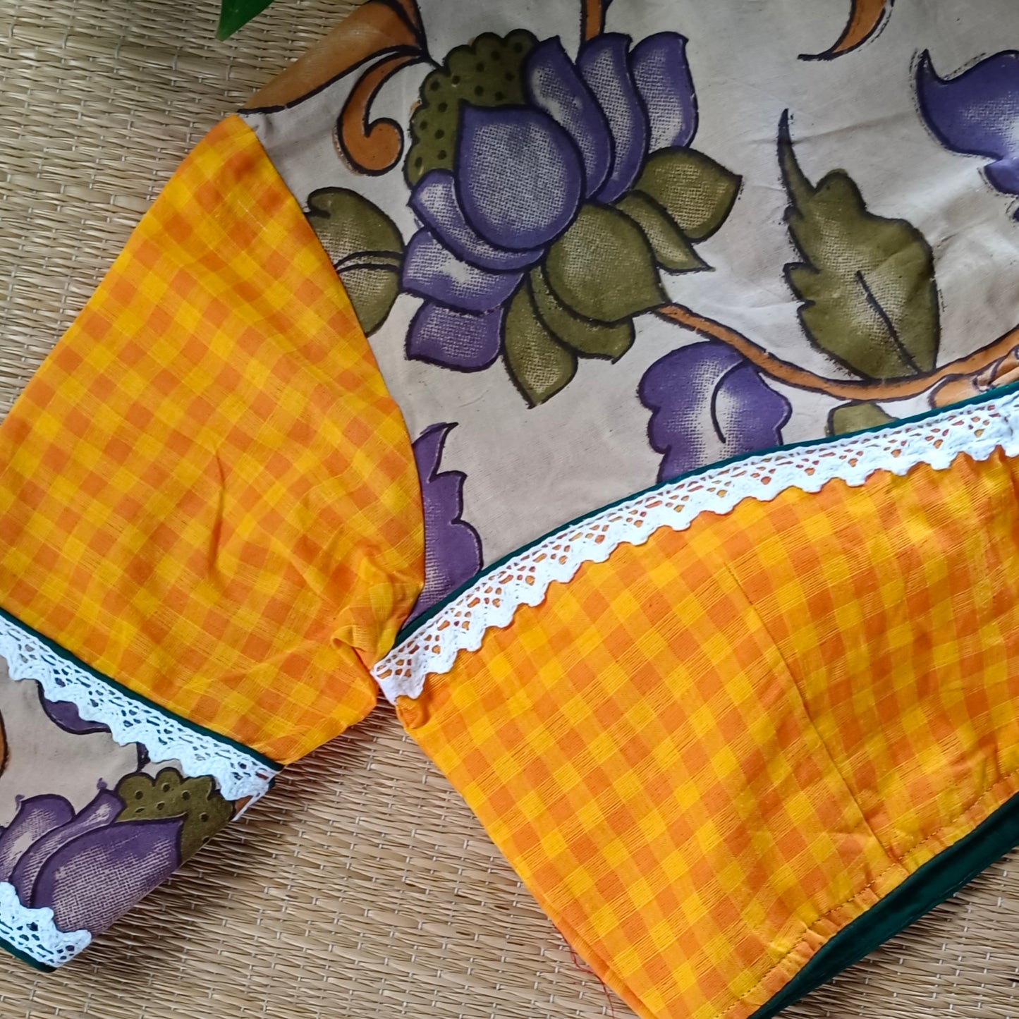 Yellow & Orange Kalamkari Pattern Blouse With Checks