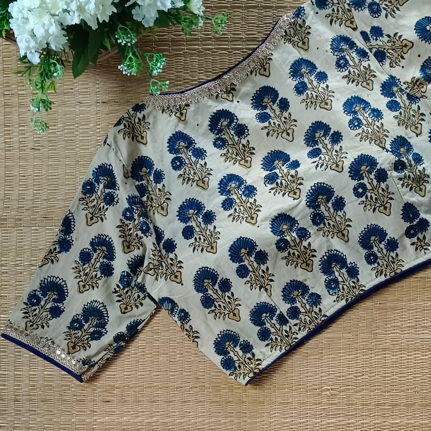 Cream & Blue Ajrak Cotton Blouse (Assorted)