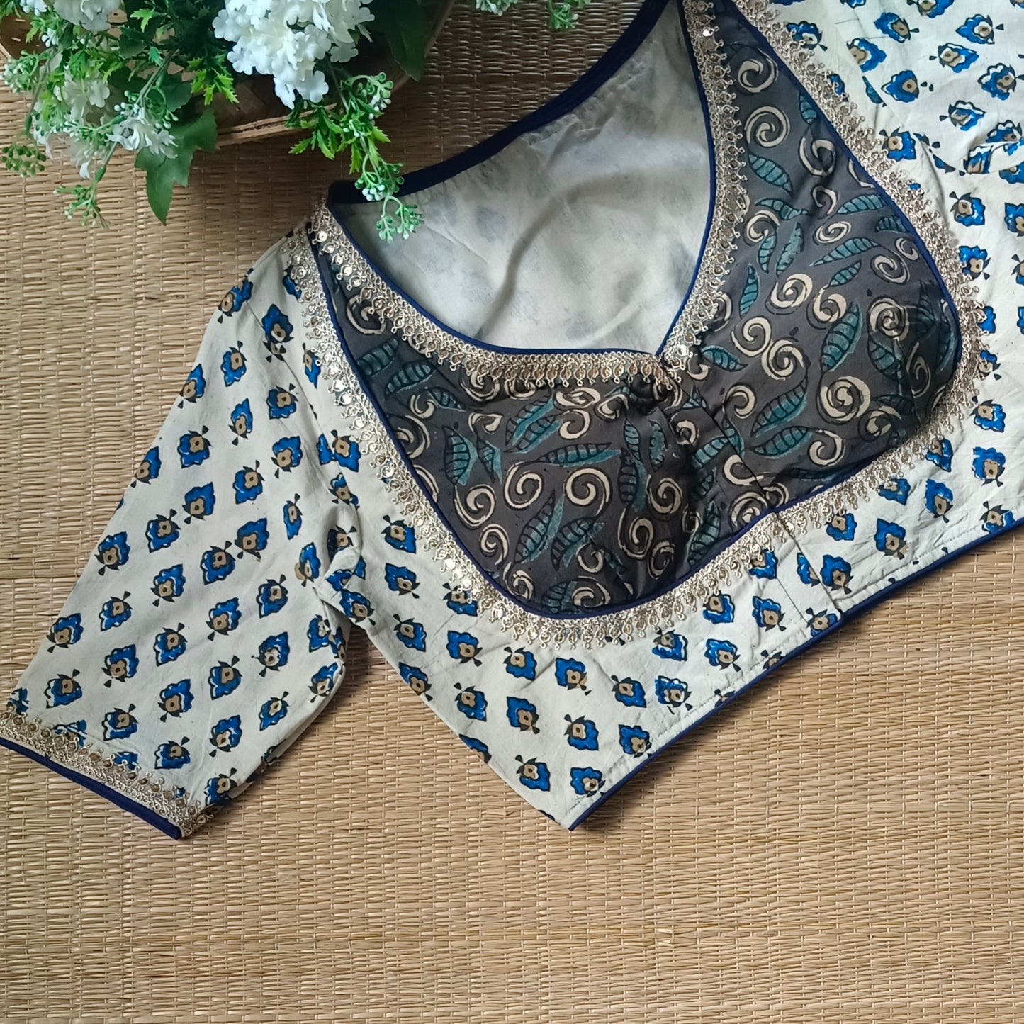 Cream & Grey Ajrak Cotton Blouse
