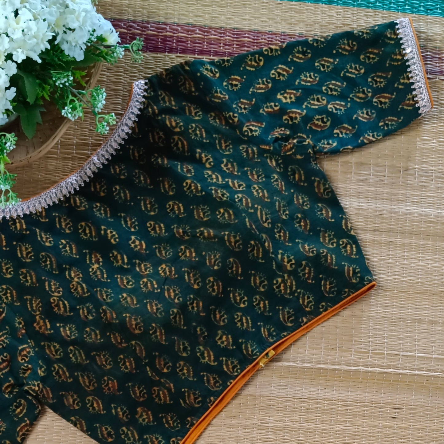 Bottle Green & Mustard Ajrak Cotton Blouse