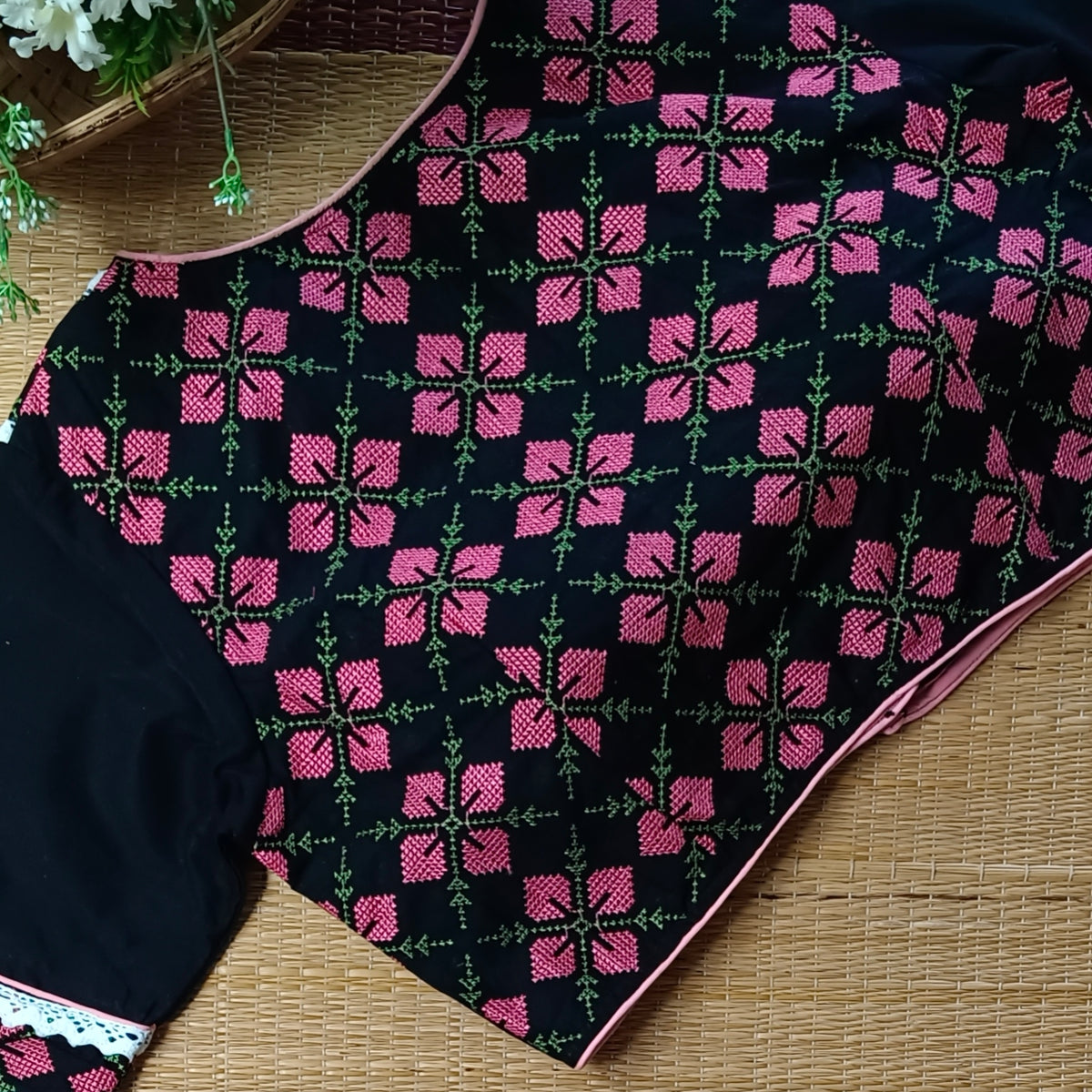 Black Cross stitch Cotton Blouse