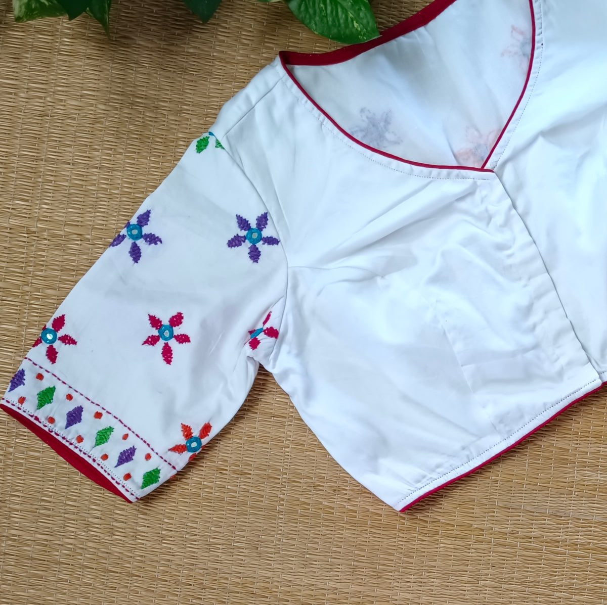 White Gujrati Hand Embroidery with mirror Blouse