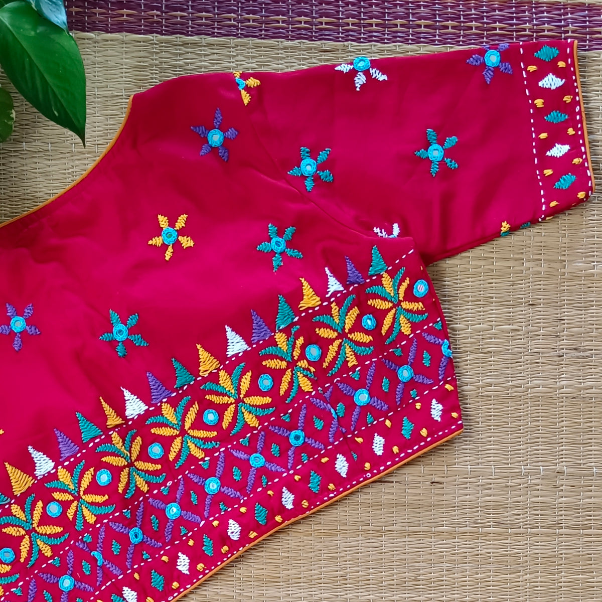 Red Gujrati Hand Embroidery with mirror Blouse
