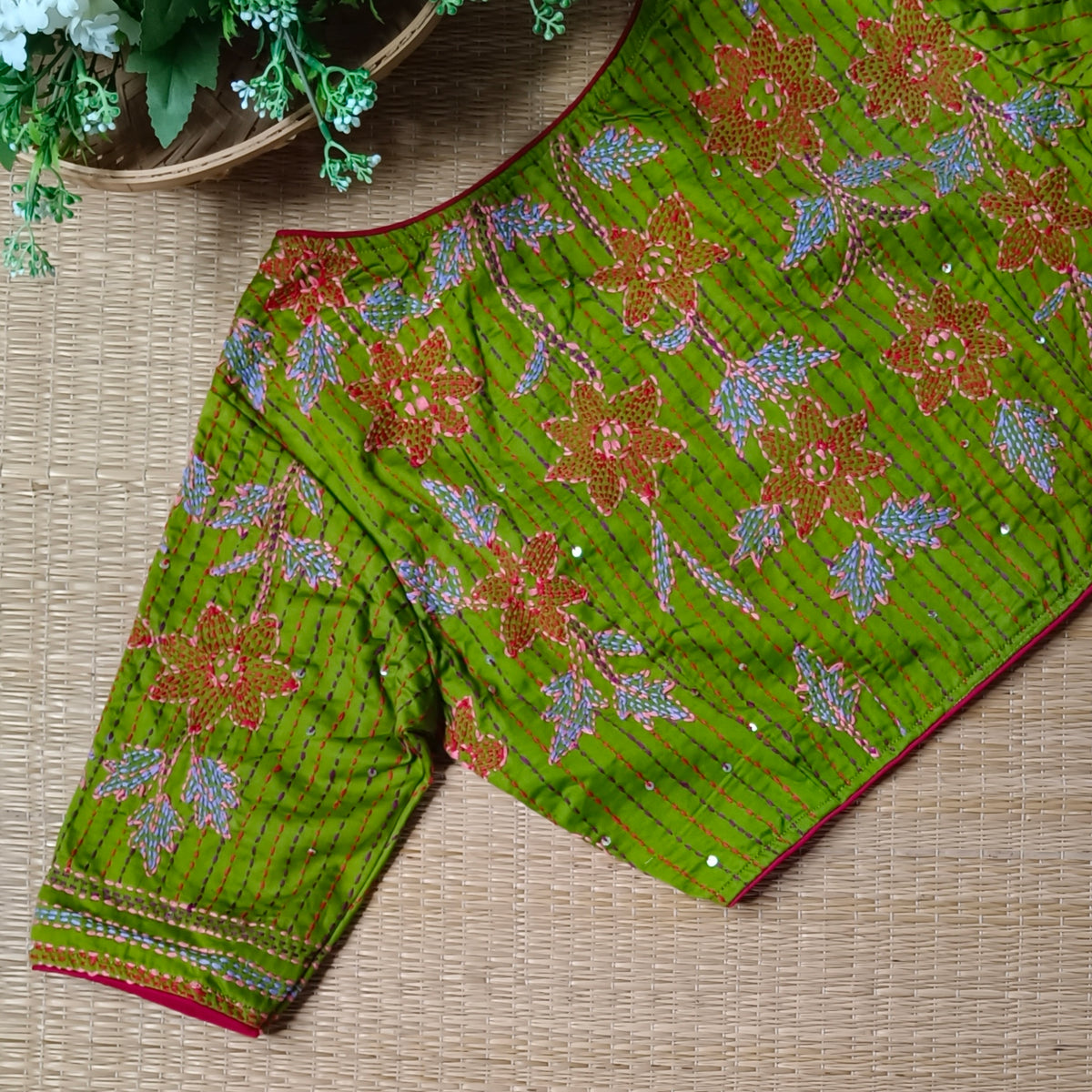 Light Mehendi Green Multicolor Katha Work Blouse