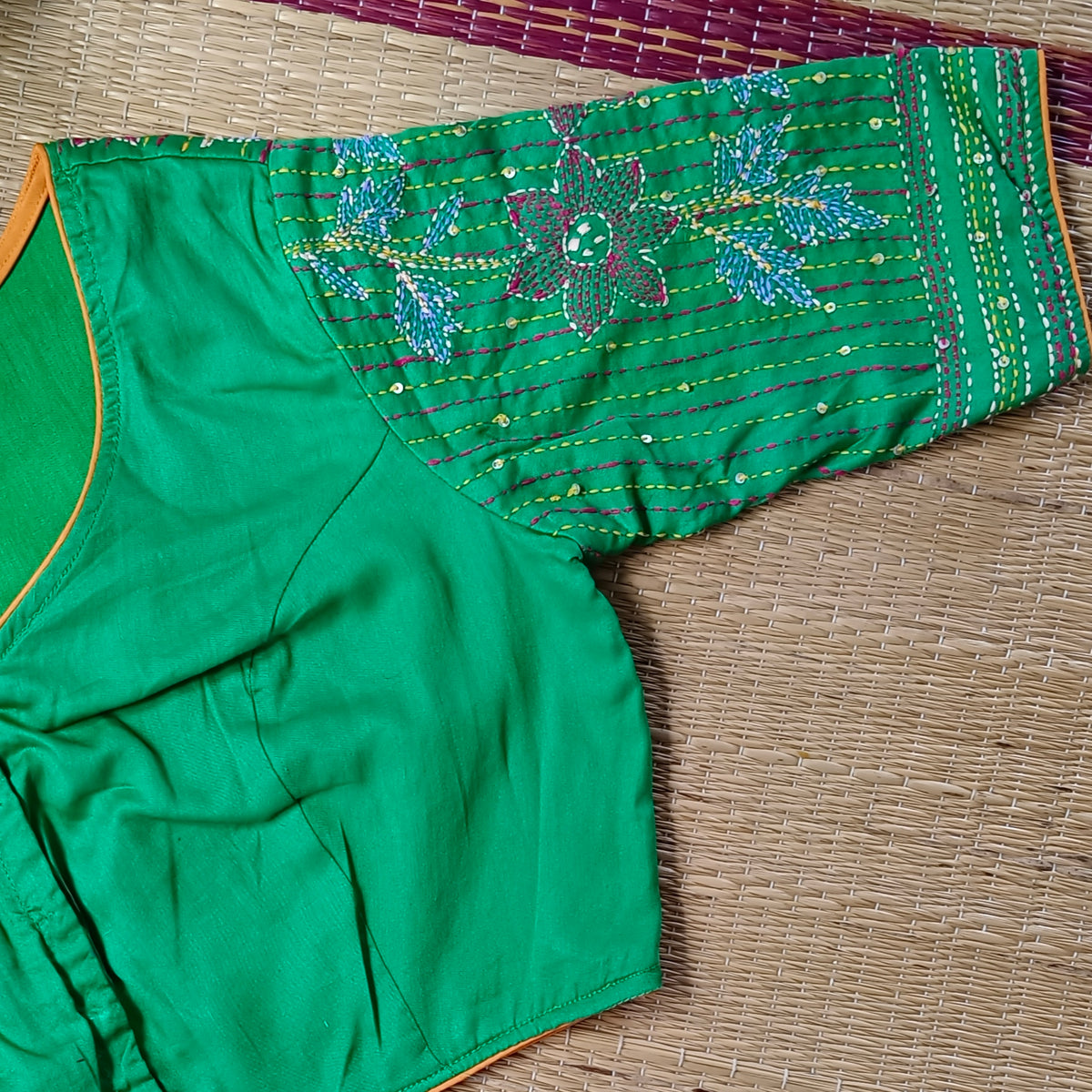 Light Green Multicolor Katha Work Blouse