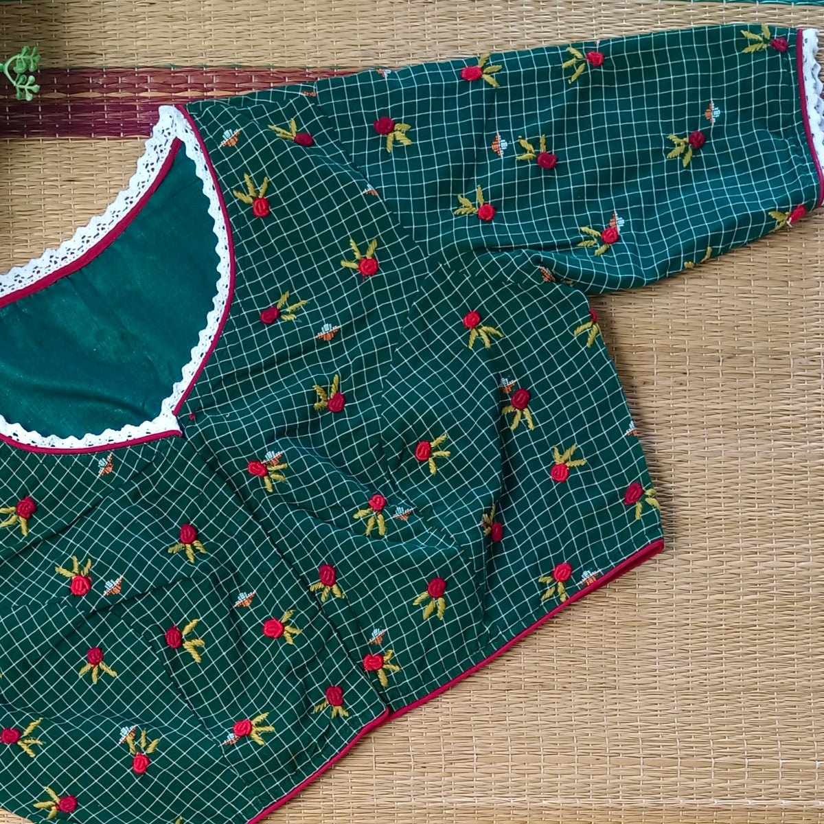 Bottle Green Jamdani Hand Embroidery Blouse