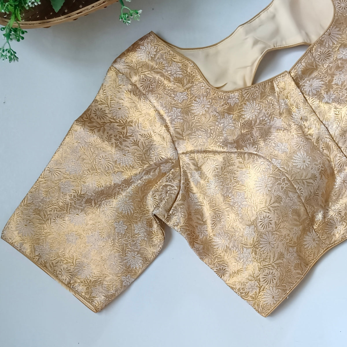 Golden Back Elastic Brocade Blouse