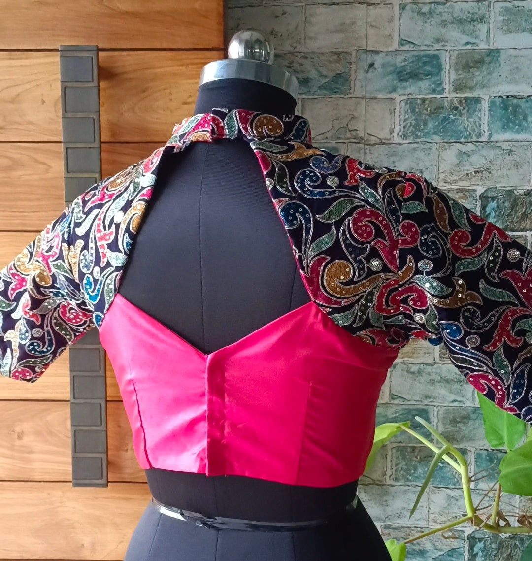 Hot pink high neck embroidery blouse
