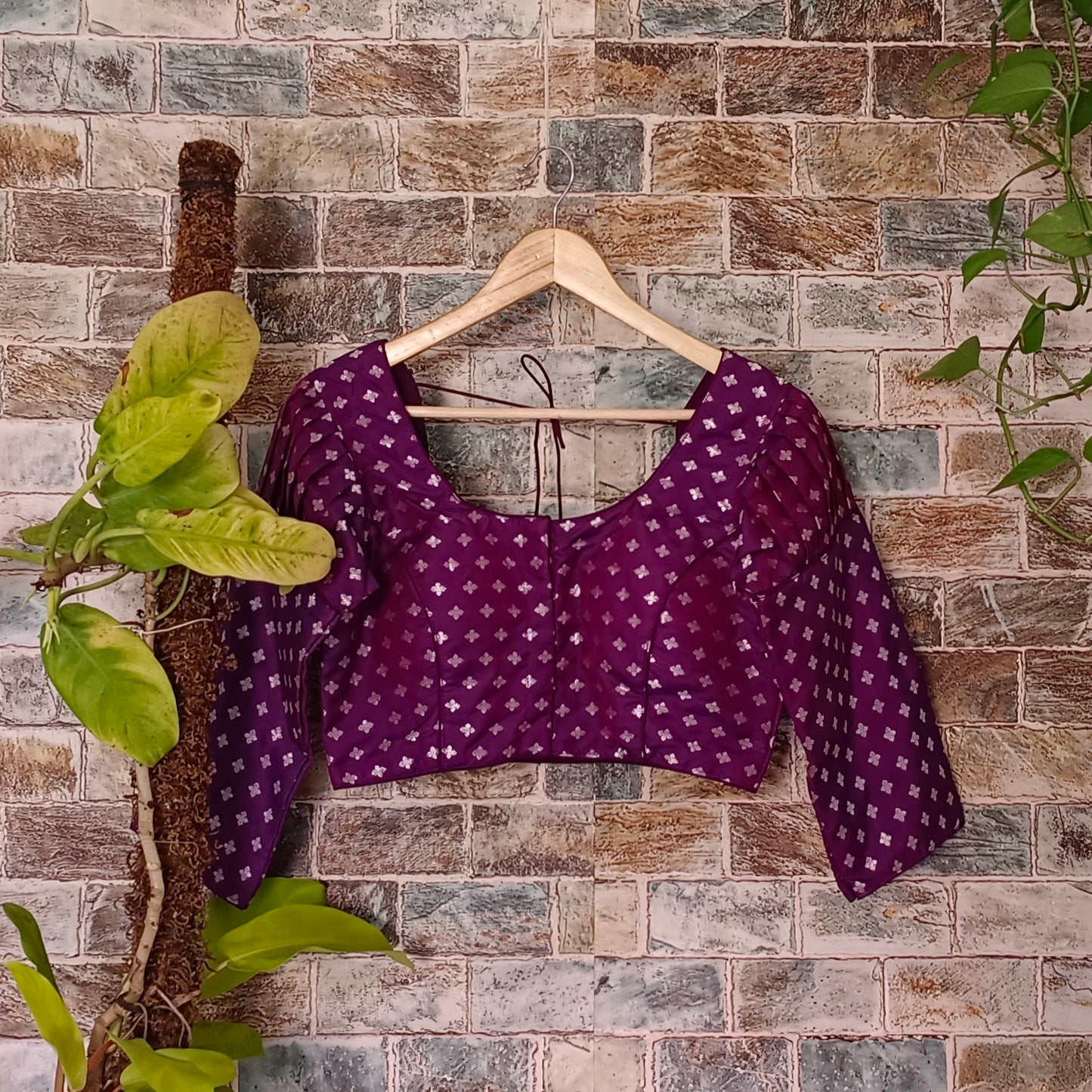 Purple 3/4 Puff Sleeve Brocade Blouse