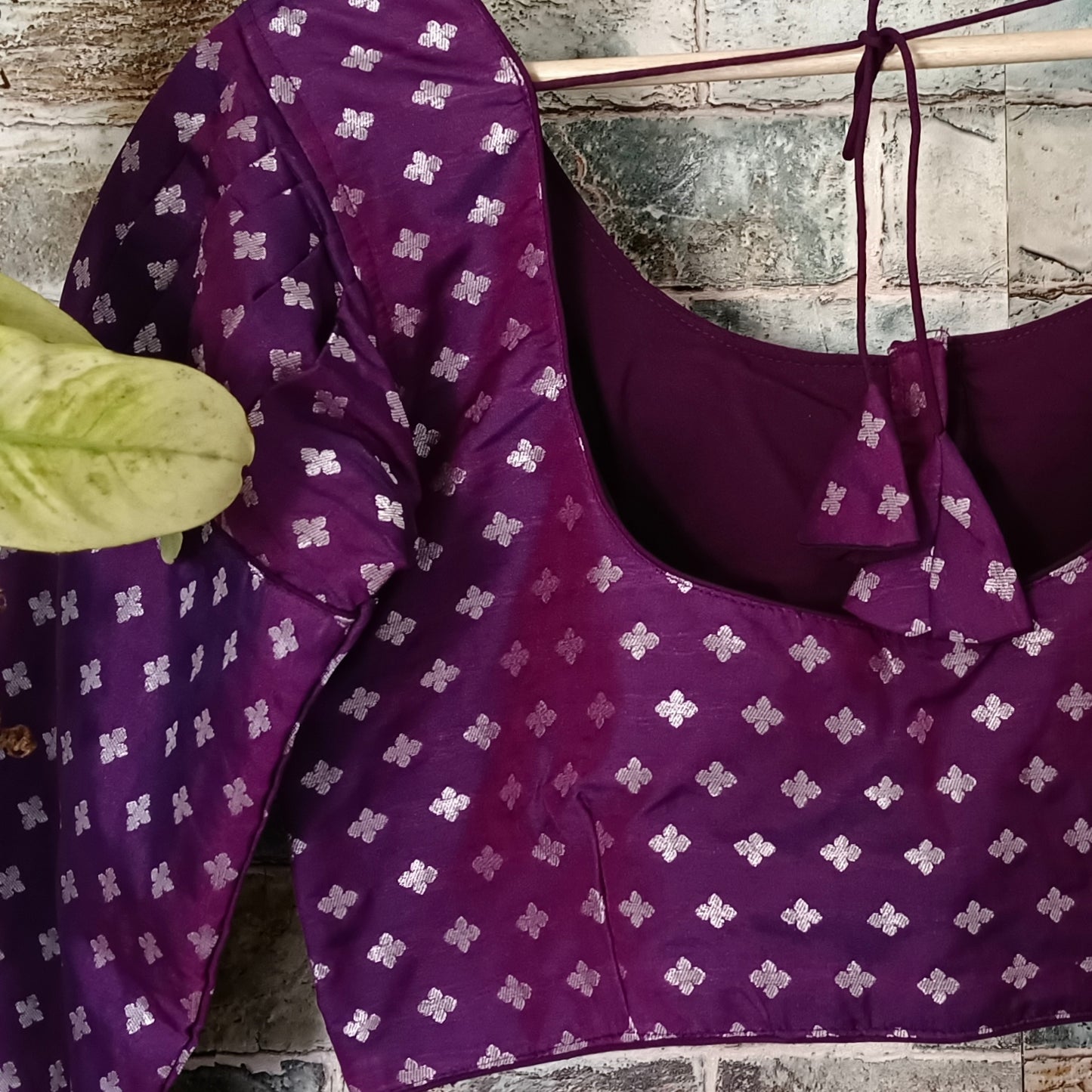 Purple 3/4 Puff Sleeve Brocade Blouse
