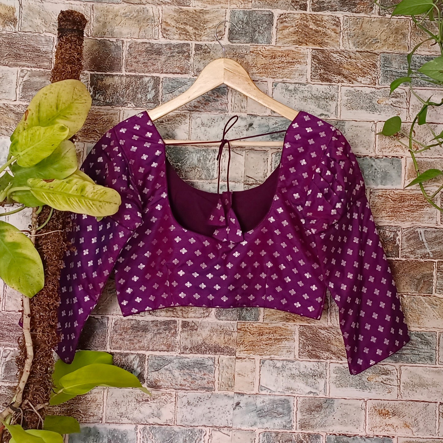 Purple 3/4 Puff Sleeve Brocade Blouse