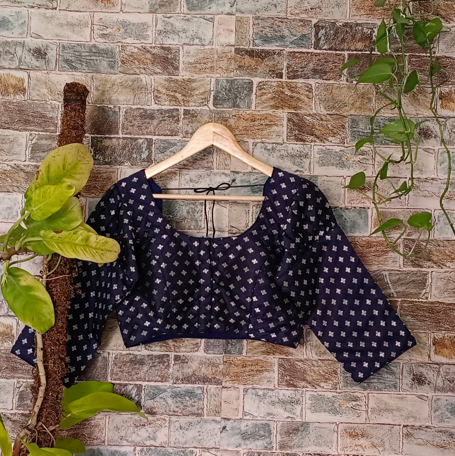 3/4 Puff Sleeve Navy blue Brocade Blouse