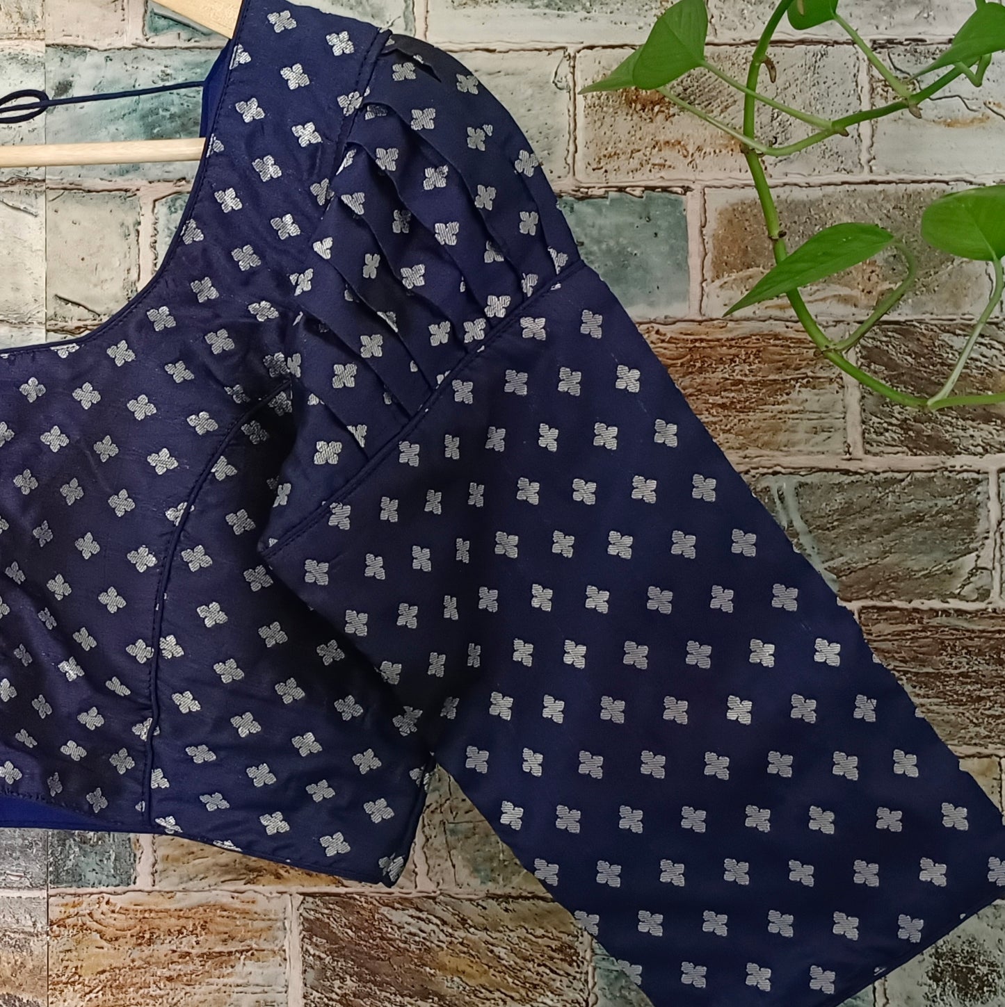 3/4 Puff Sleeve Navy blue Brocade Blouse