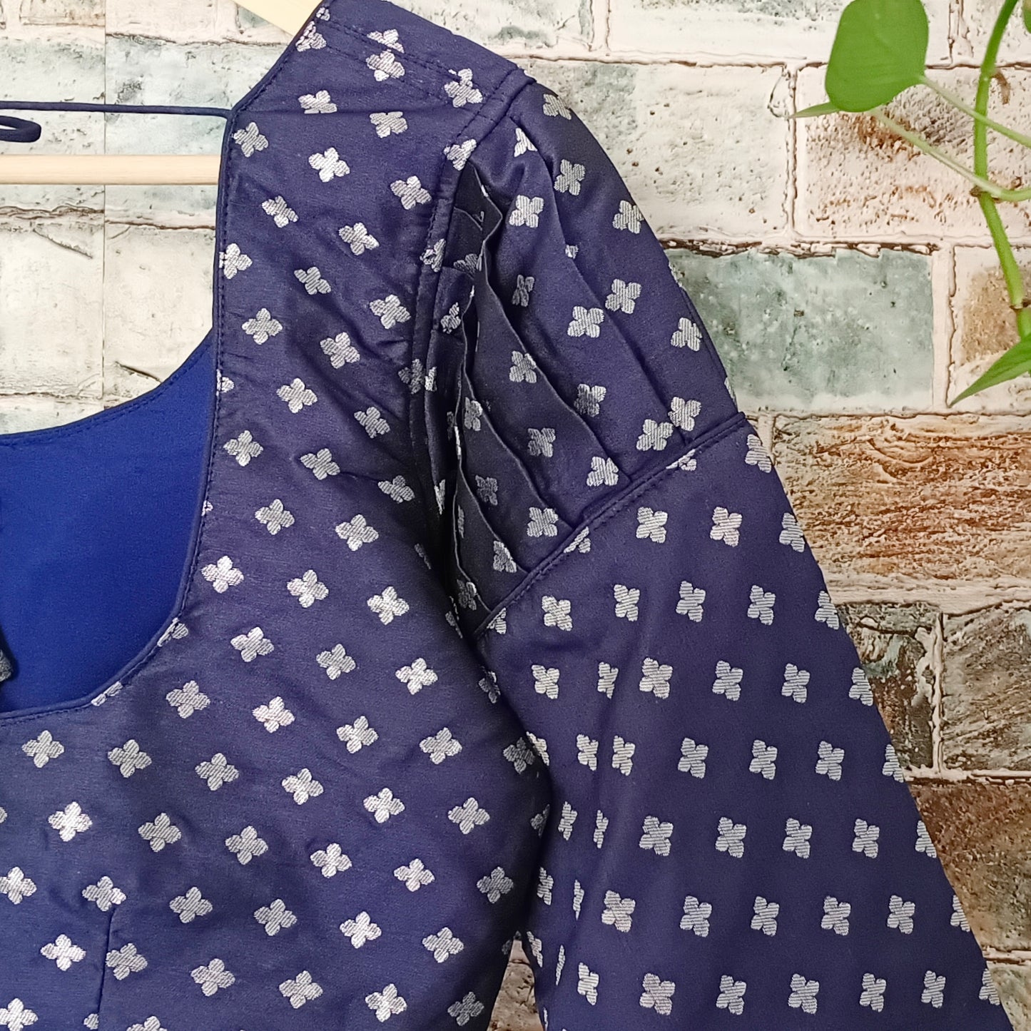 3/4 Puff Sleeve Navy blue Brocade Blouse