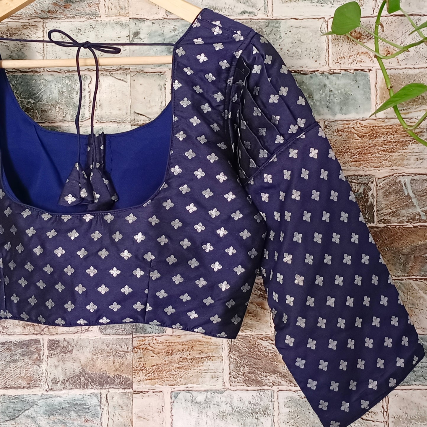 3/4 Puff Sleeve Navy blue Brocade Blouse
