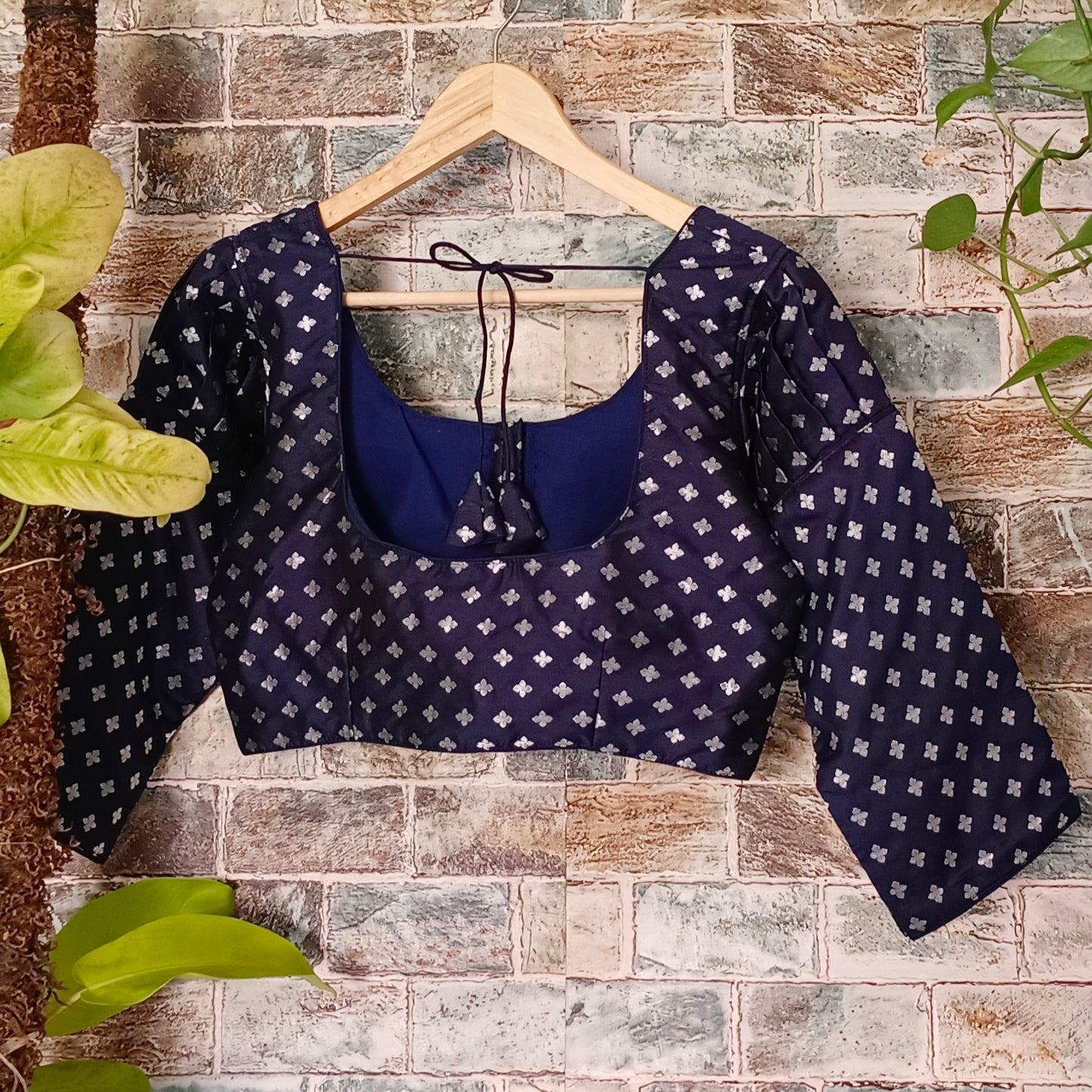 3/4 Puff Sleeve Navy blue Brocade Blouse