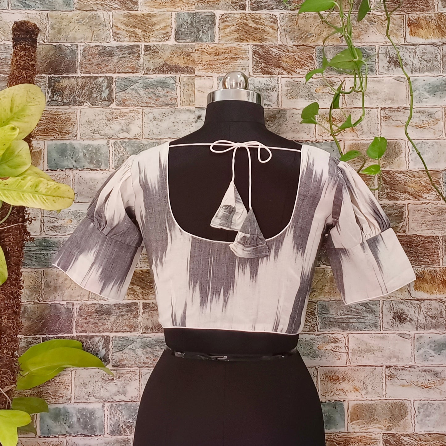 White Ikkat Puff Sleeve Blouse