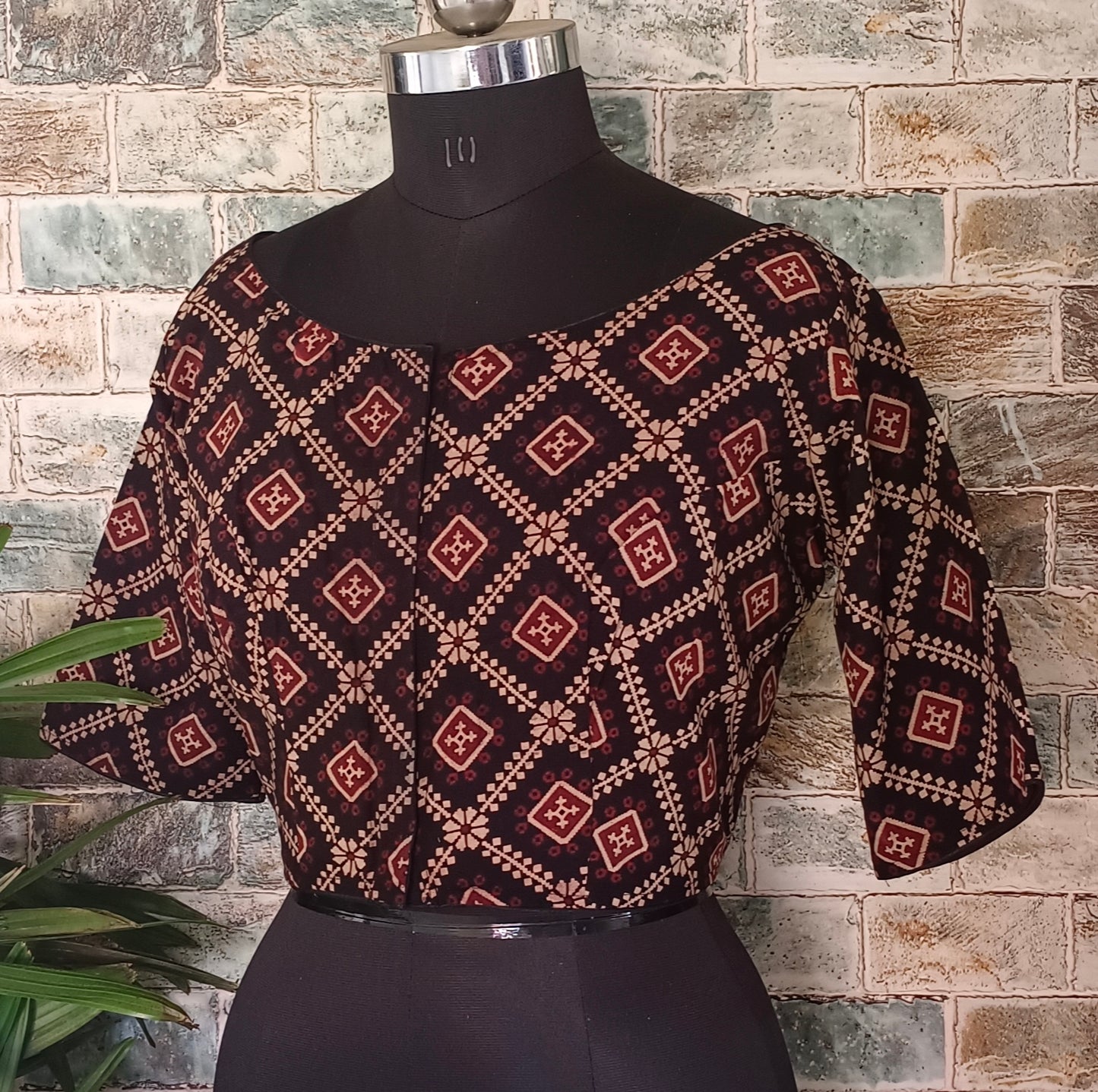 Black Printed Cotton Blouse with Boat Neck