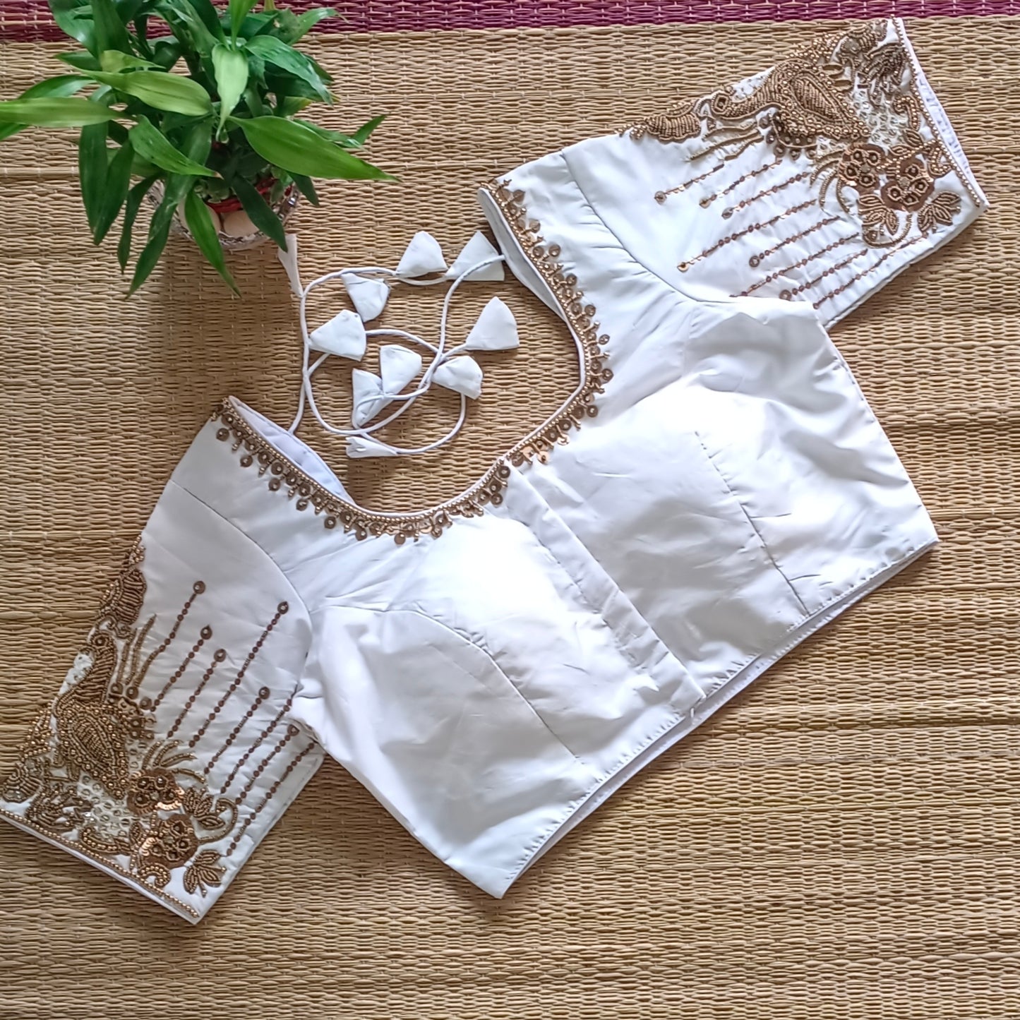 Off white Silk blouse with golden beads hand work