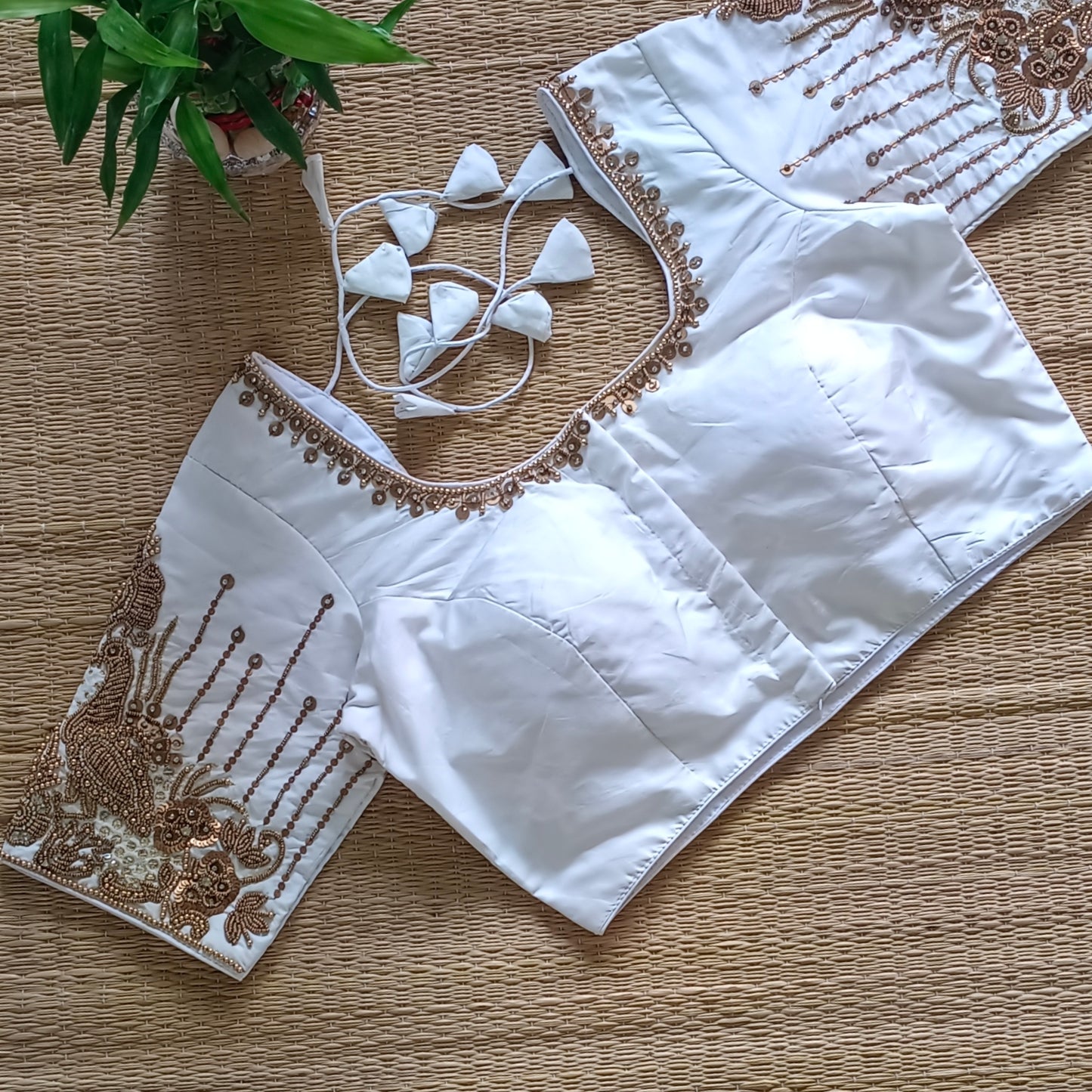 Off white Silk blouse with golden beads hand work