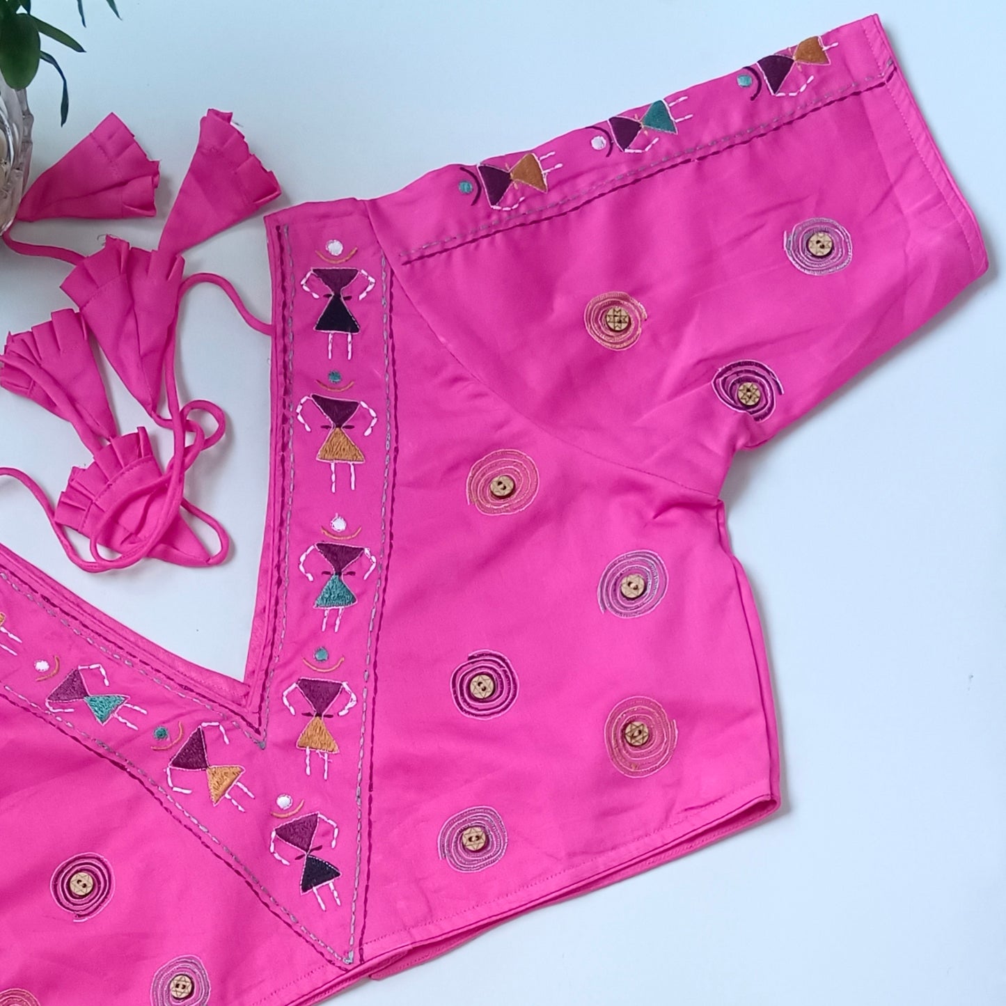 Pink V Neck with tribal embroidery Blouse