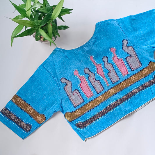 Blue Khadi Patch Work Blouse