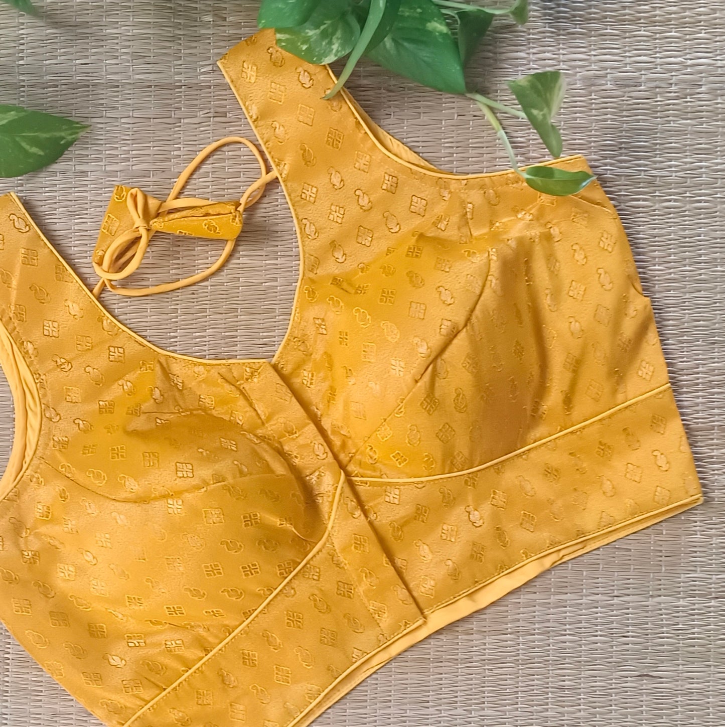 Yellow Brocade blouse with attachable sleeves
