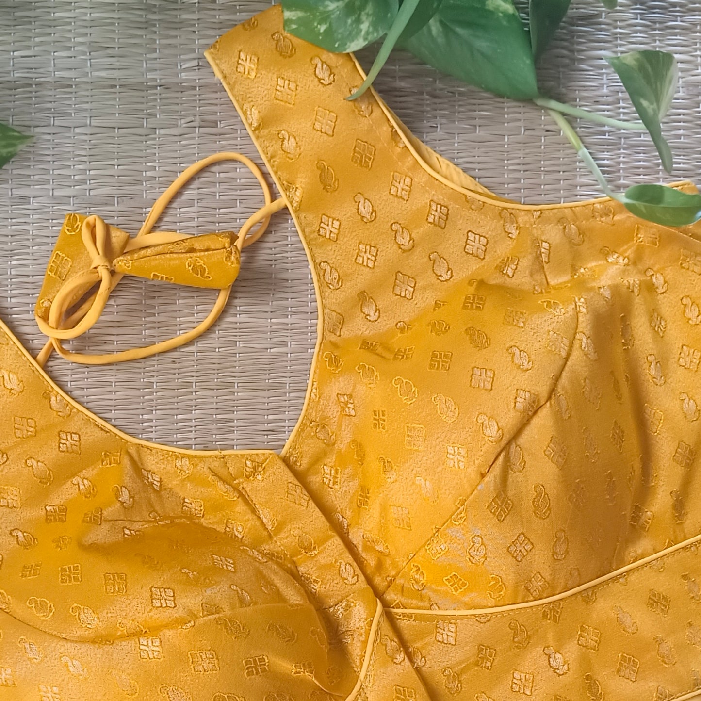 Yellow Brocade blouse with attachable sleeves