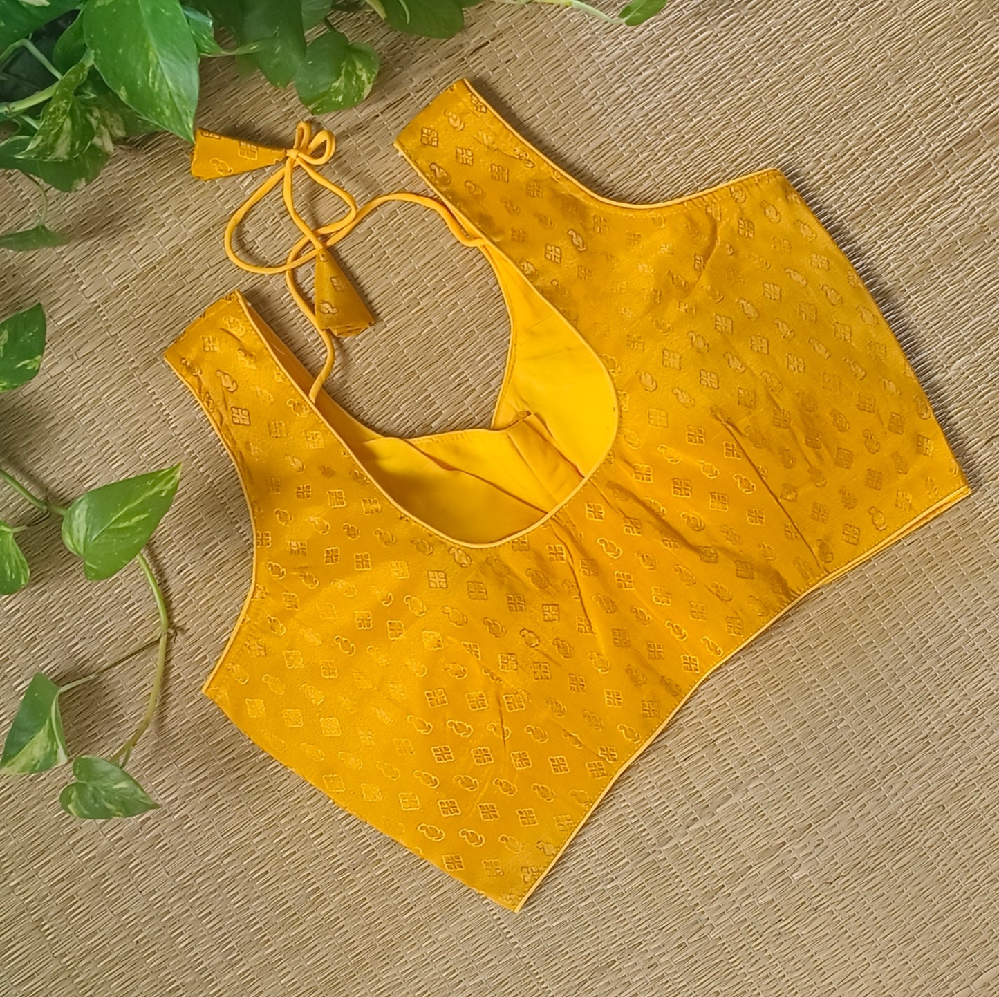Yellow Brocade blouse with attachable sleeves