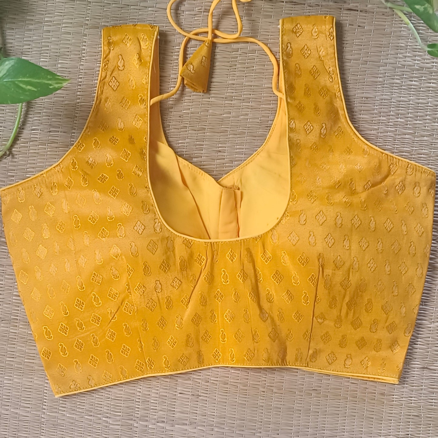 Yellow Brocade blouse with attachable sleeves