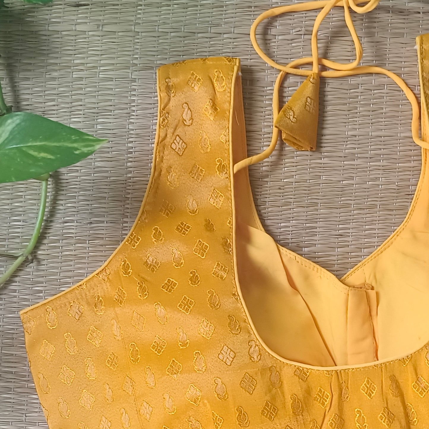 Yellow Brocade blouse with attachable sleeves