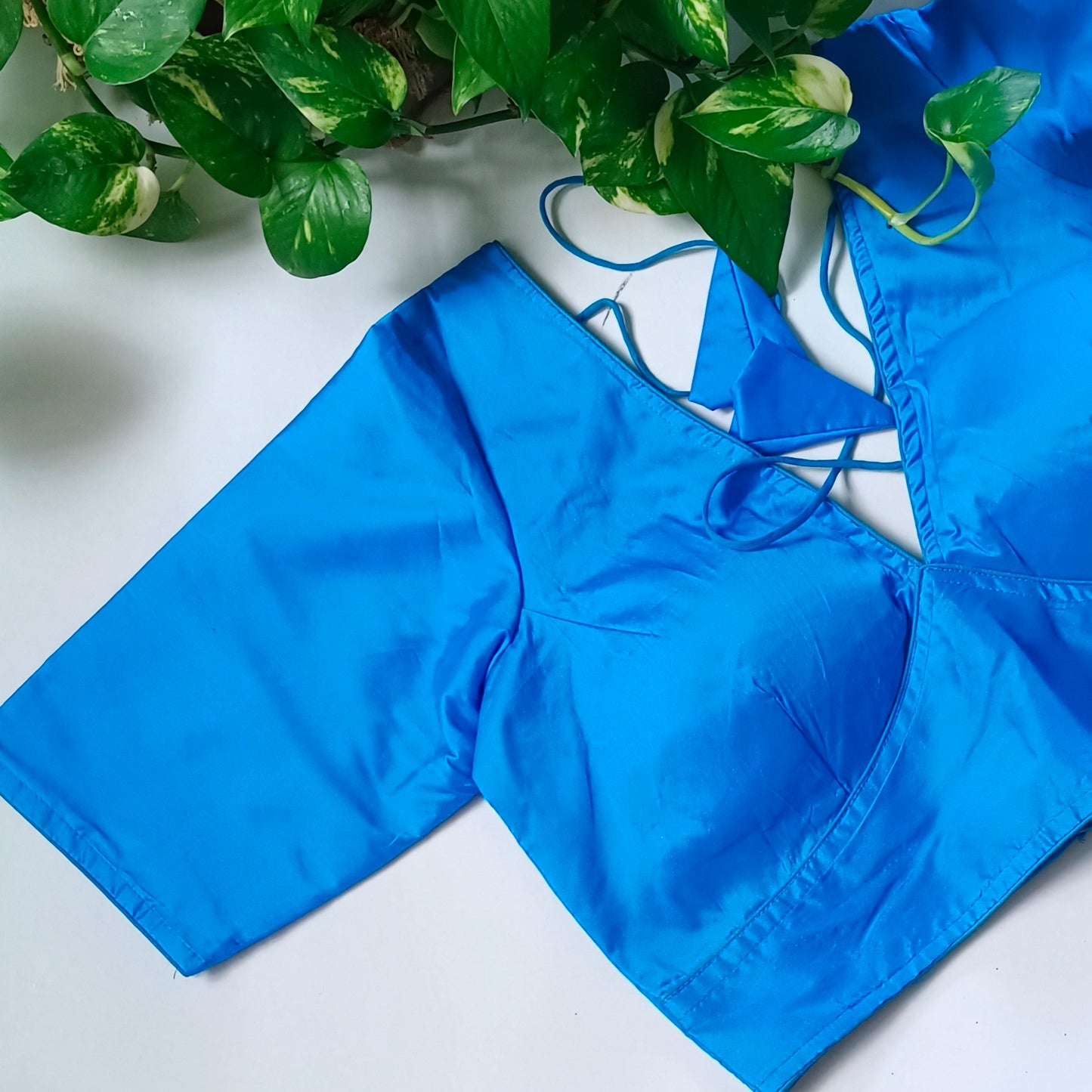 Blue plain V-neck silk blouse with elbow sleeves