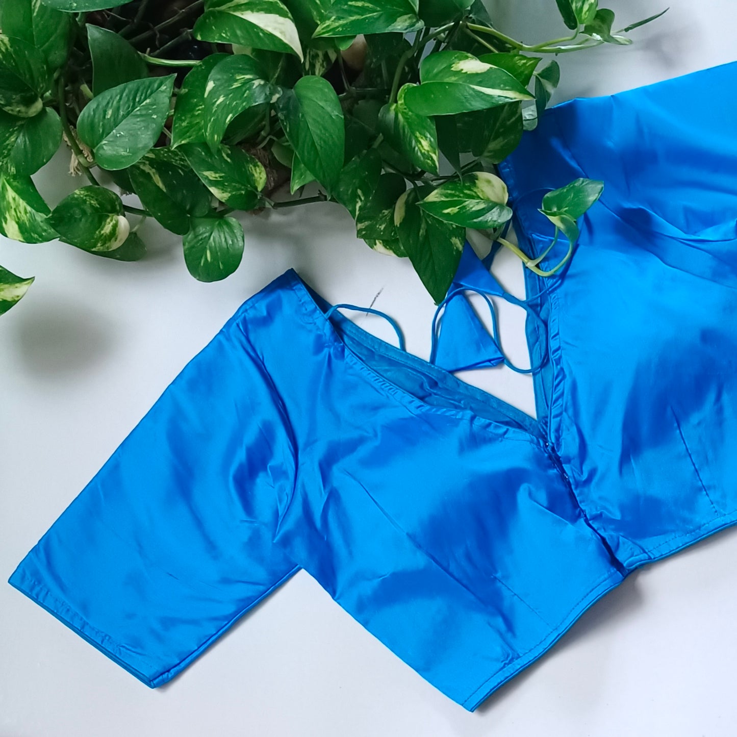 Blue plain V-neck silk blouse with elbow sleeves