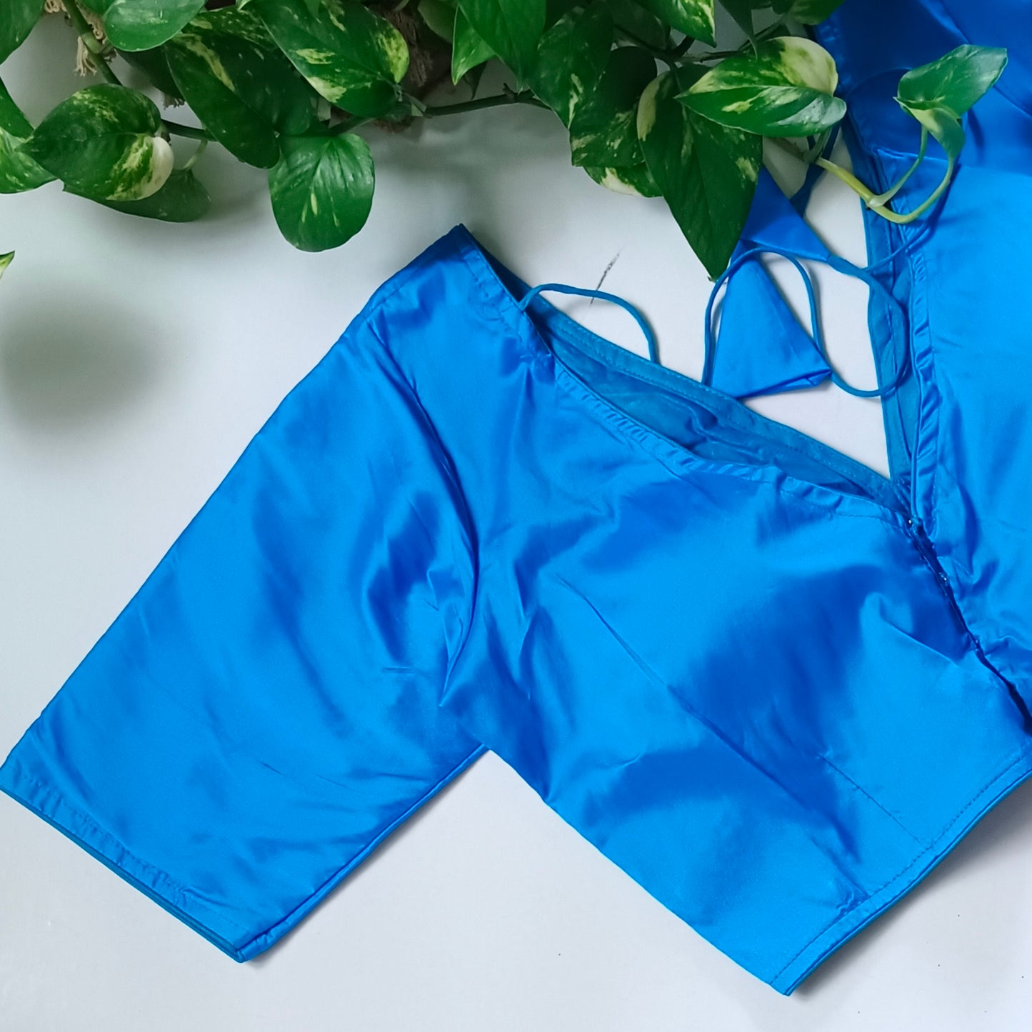 Blue plain V-neck silk blouse with elbow sleeves