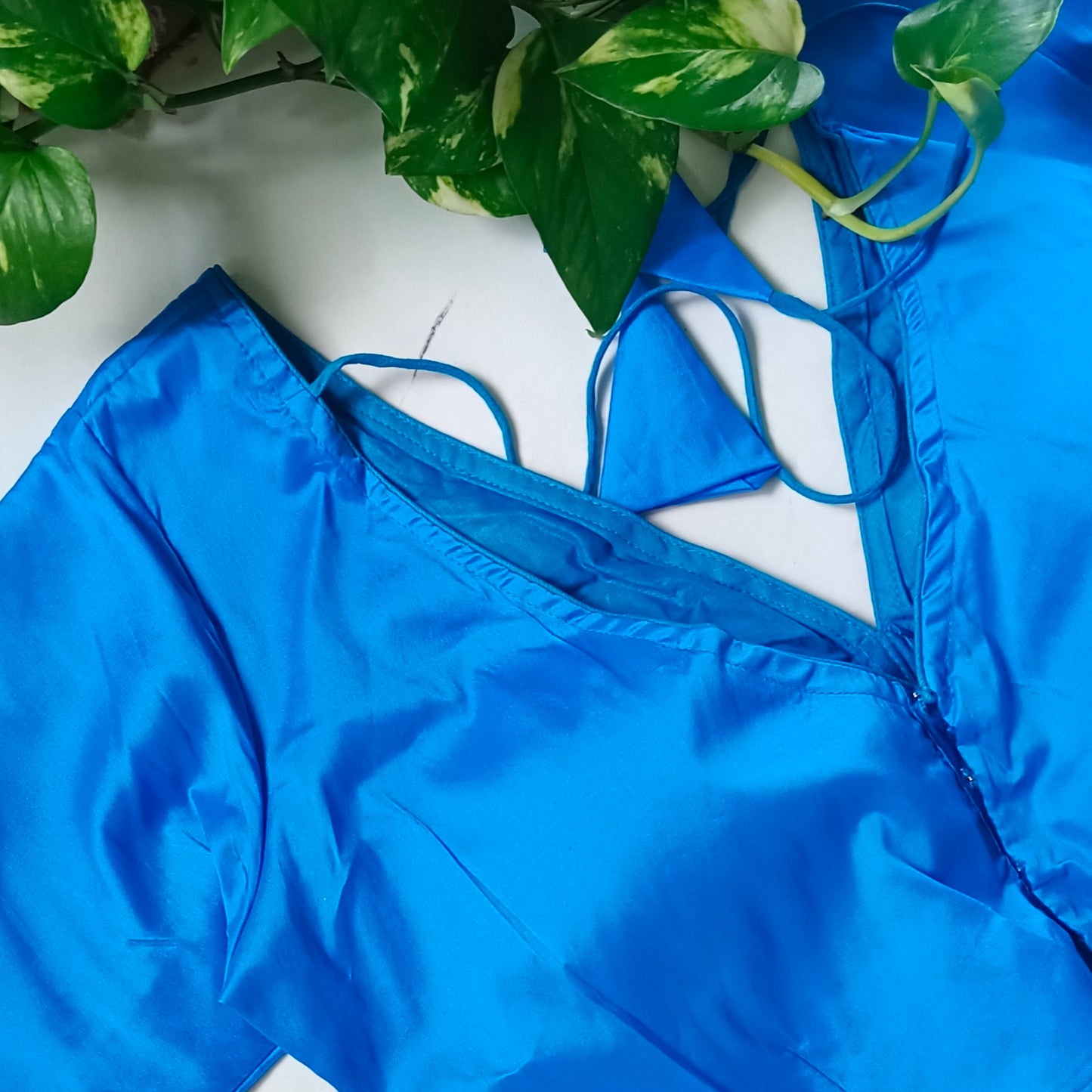 Blue plain V-neck silk blouse with elbow sleeves